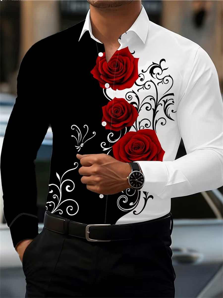 Men's Red Rose Print Long-Slee - đánh giá và giá Mens Fashion Summer