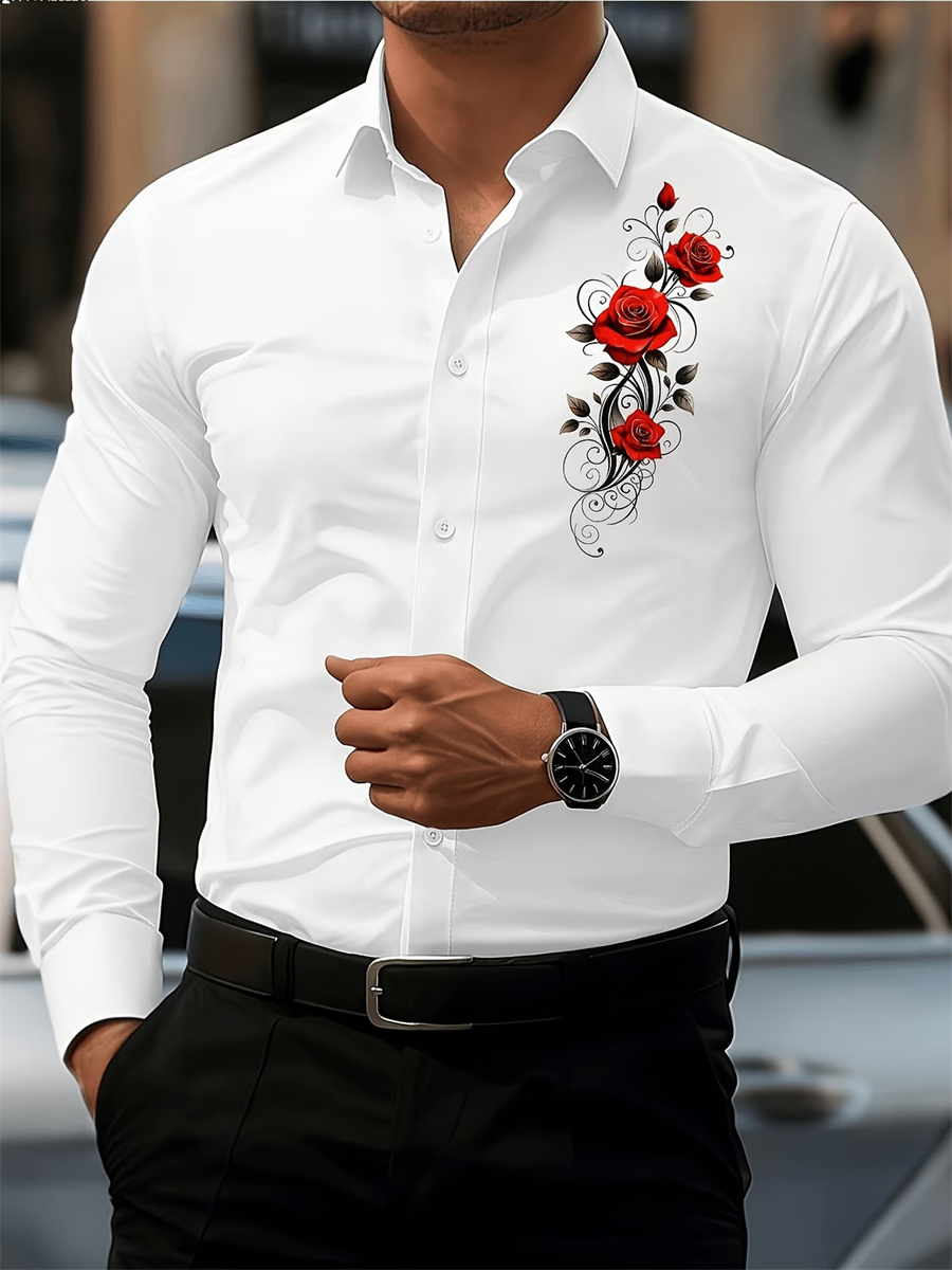 Men's Red Rose Print Long-Slee - đánh giá và giá Mens Fashion Summer