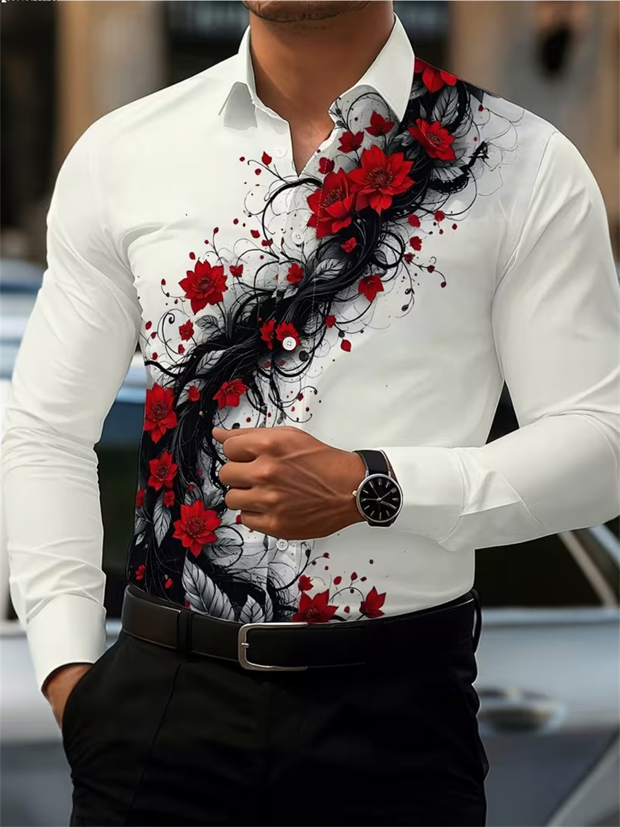 Men's Red Rose Print Long-Slee - đánh giá và giá Mens Fashion Summer